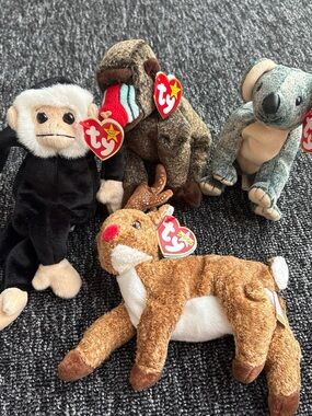 Ty Plush Reindeer and Animal Beanie Buddies - Brown, Black, Green, Tan